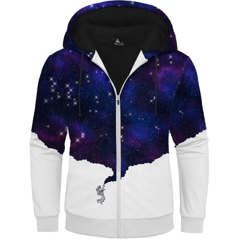 Galaxy Print Heavyweight Fleece Hoodie Jacket Medium Full Zip Sherpa Sweatshirt